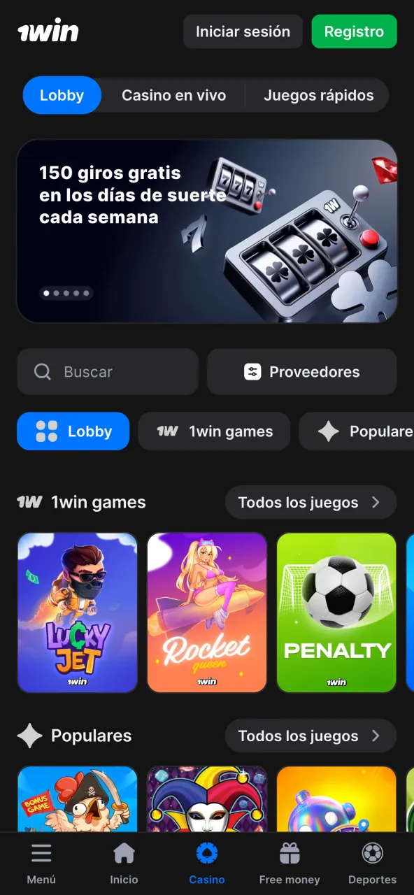 Casino interactivo de 1win con múltiples opciones.